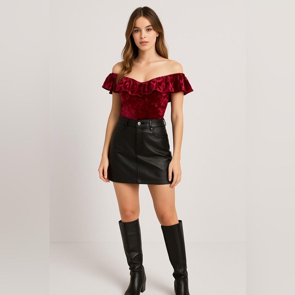 IRIS Burgundy Crushed Velvet Off-Shoulder Bodysuit – M – NWT